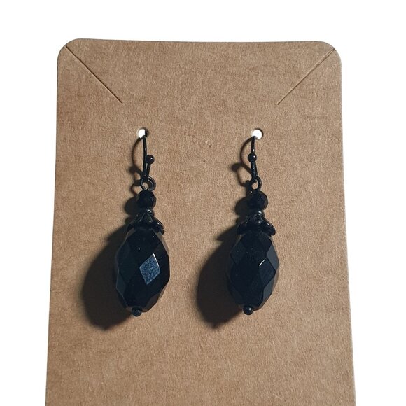 Black Faceted Bead Drop Earrings Elegant Hook Back Jewelry Handmade Design Gift - Picture 3 of 5